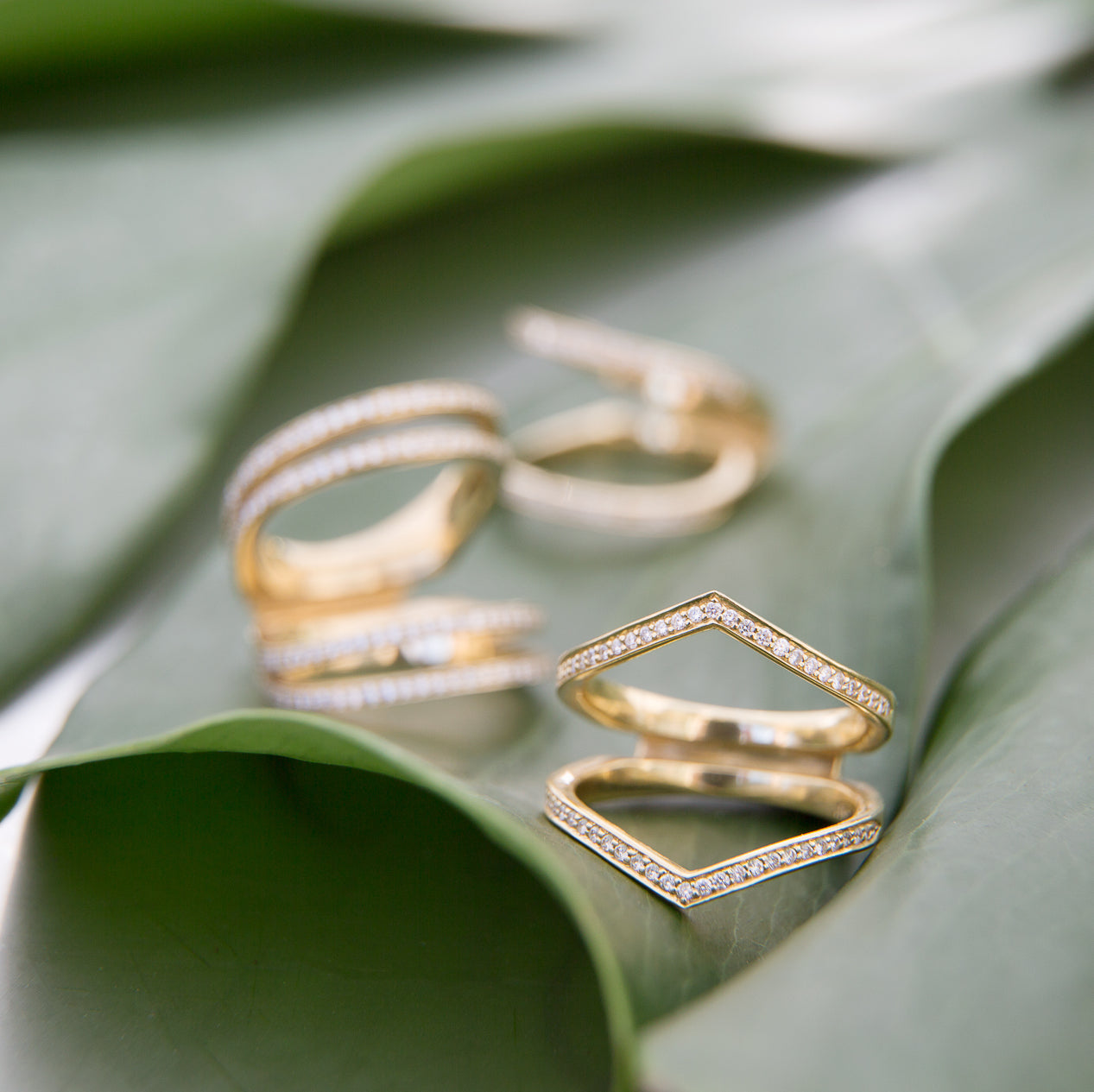 Elegant interlocking wedding bands displayed on green leaves, showcasing intricate designs with sparkling pavé accents in gold. Perfect for symbolizing timeless love and commitment.