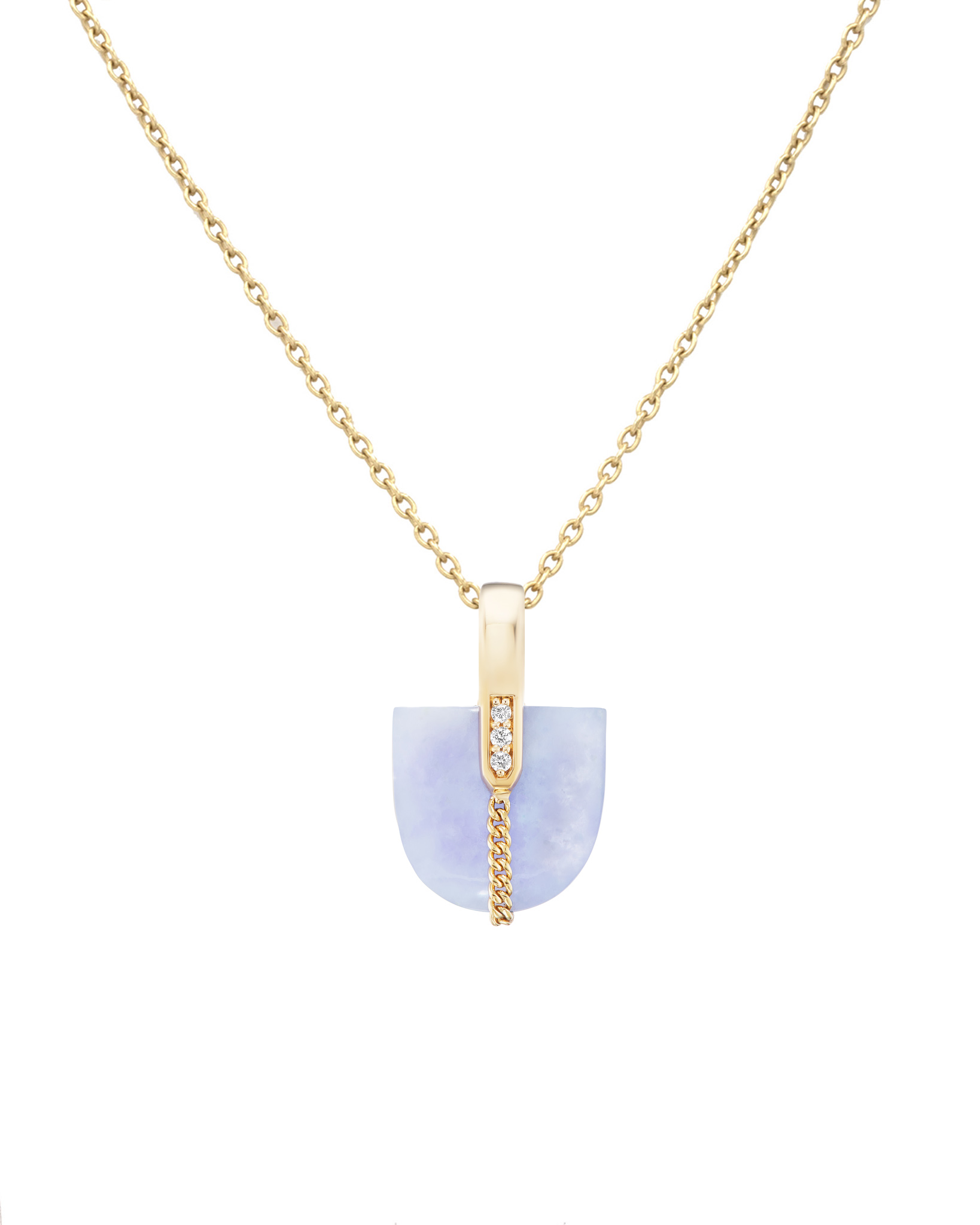 Elegant Lavender Jade Pendant suspended on a gold chain, designed by Bliss Lau, showcasing its unique craftsmanship.