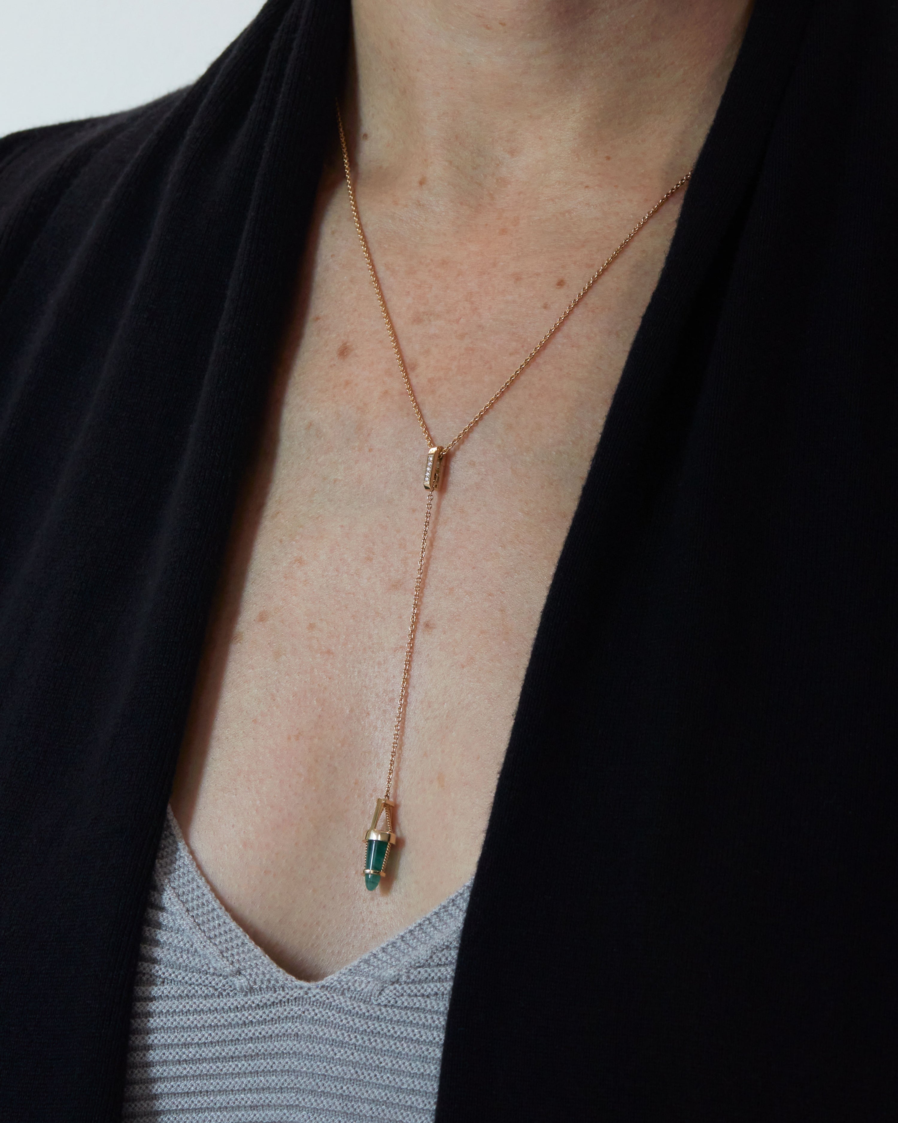 Vantage pendant on body showing where it hangs on the chest. 